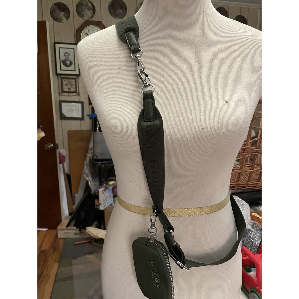 Guess Mini Sling Bag Hunter Green Background On Strap Logo